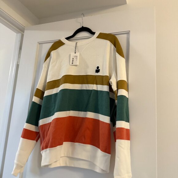 NWT Isabel Marant Meyoan Pullover Sweatshirt Crewneck Striped In Khaki Sz Medium - Picture 4 of 8